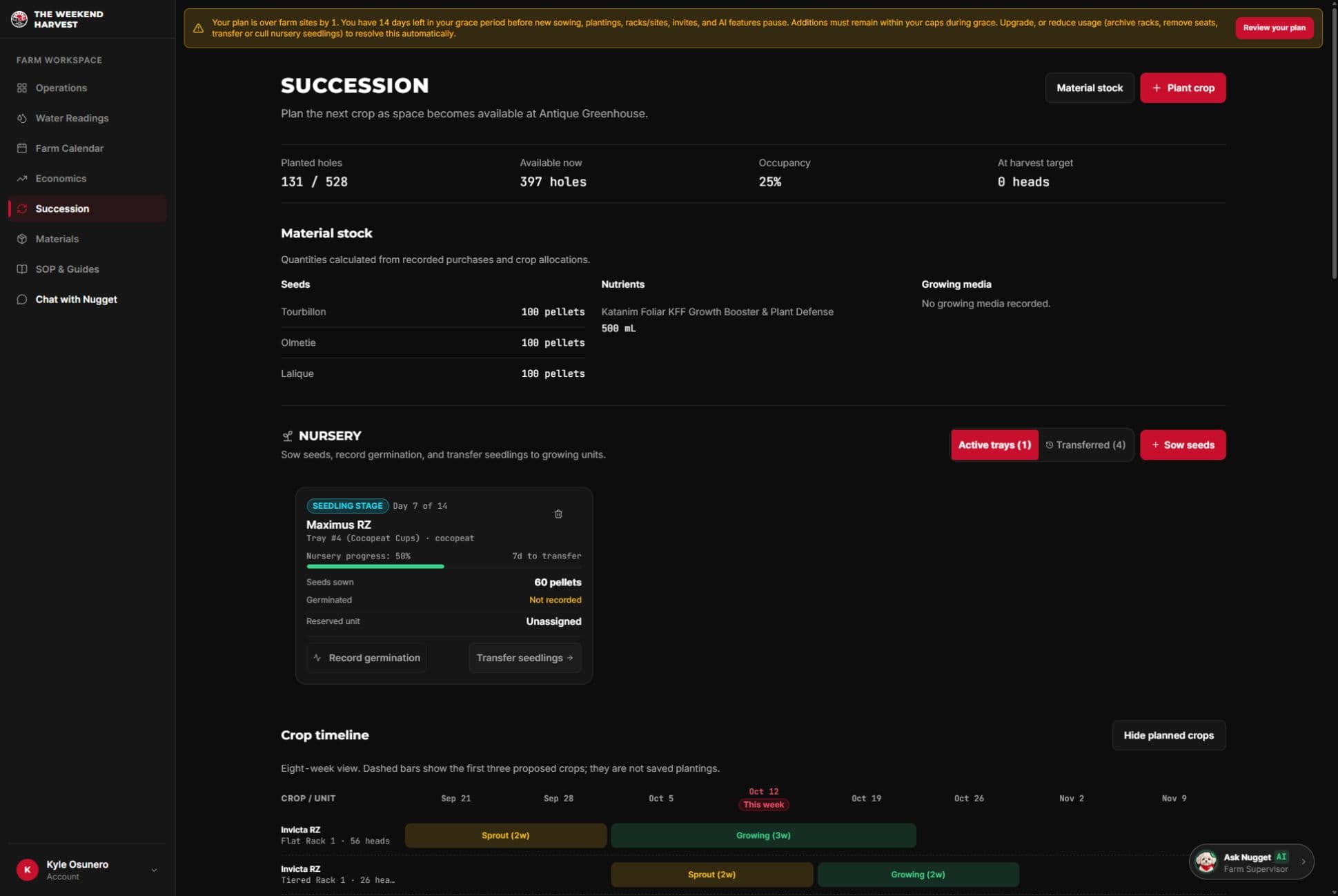 The Weekend Harvest crop planning development interface